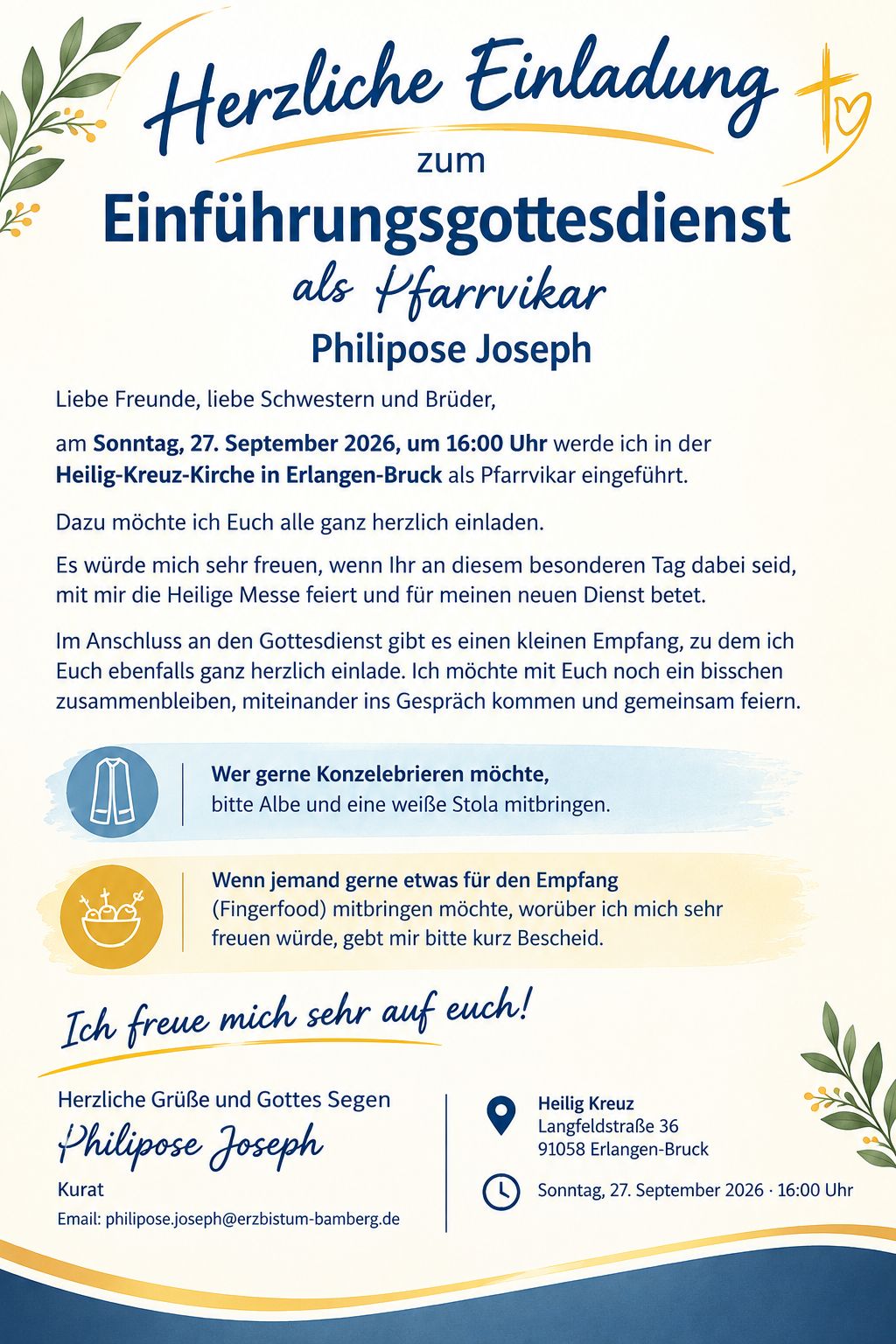 Einladung zum Einführungsgottesdienst Philipose